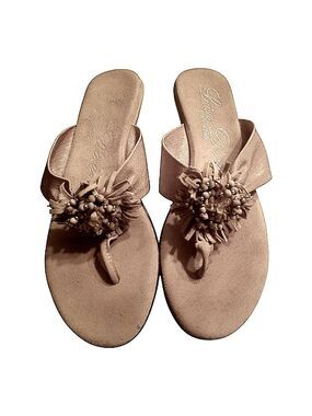 Tan Thong Sandals with Floral Embellishment Made In Italy